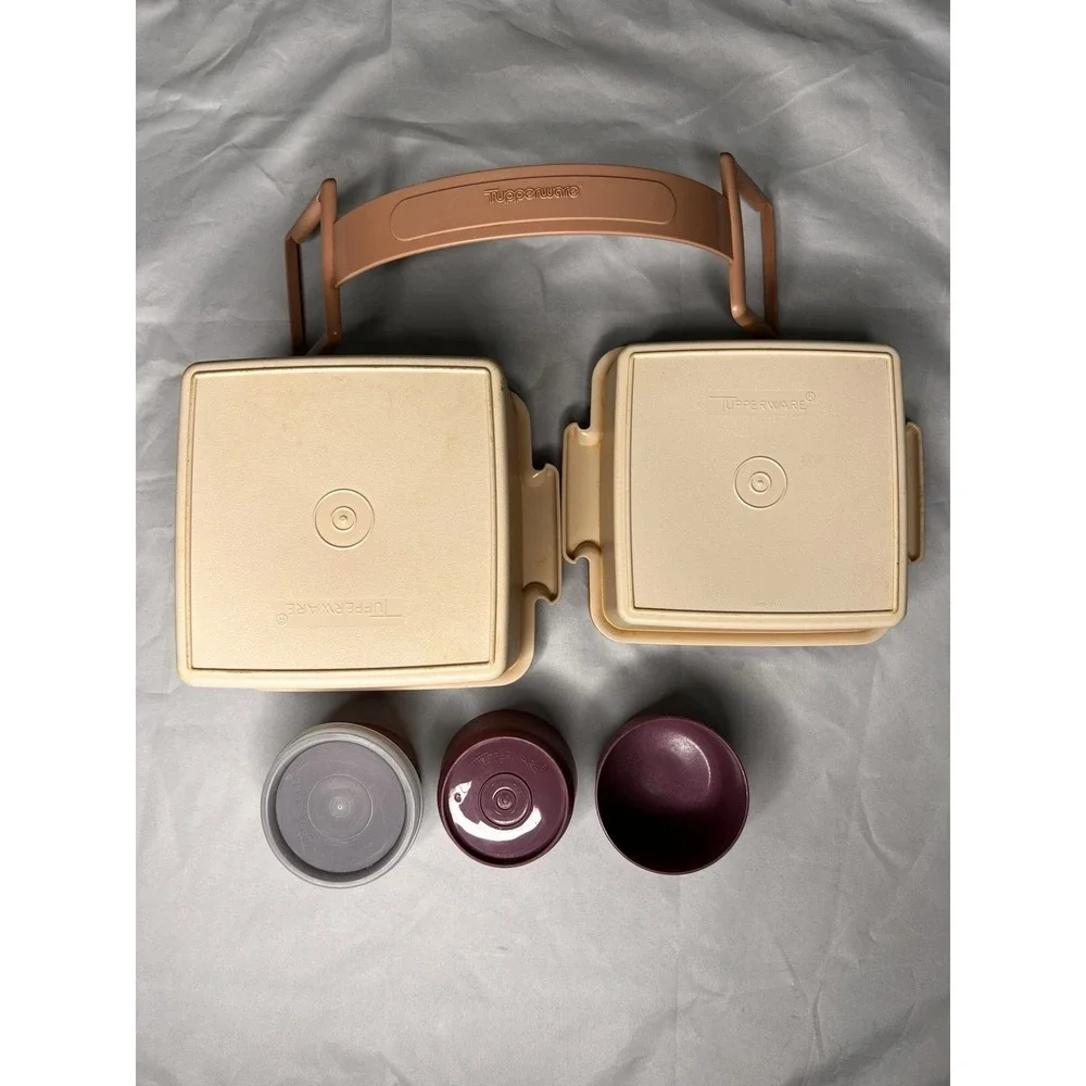 Vintage Tupperware Lunch Set‎ Carrier Container Lot Orange Beige Snack Cups